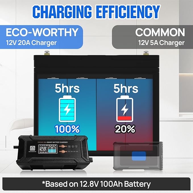 ECO-Worthy 12V/24V 20A Smart Battery Charger Maintainer, Auto Voltage Detect for LiFePO4 Lead-Acid with Multi-Current Options 5A/10A/15A/20A, Trickle Charger for Car Truck Motorcycle Lawn Mower