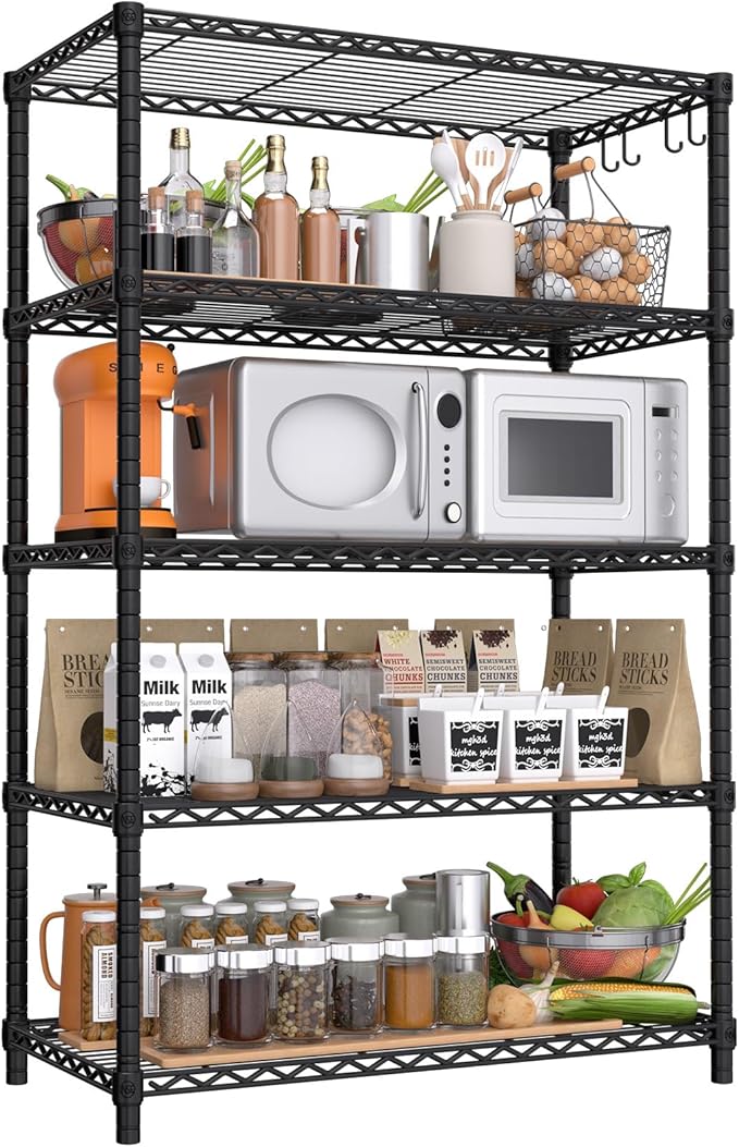 PrimeZone Wire Metal Storage Shelves - 5 Tier Adjustable NSF-Certified Heavy Duty Garage Shelving Unit Organizer Rack, Steel Utility Shelf for Kitchen, Pantry, Closet, 35.5" W x 14" D x 72" H, Black