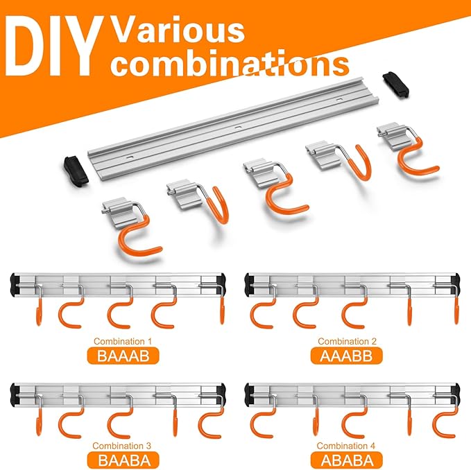 34.5'' Aluminum Alloy Garage Tool Organizer Hooks,Broom Holder Wall Mount, Adjustable Garden Wall Mount Holder for Hanging Shovel Broom Rake Bulk Items and More