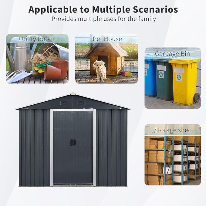 4x8 FT Outdoor Storage Shed, Metal Garden Shed with Frame Floor, Outside Tool Shed with Window, Waterproof Storage Building with Lockable Sliding Doors & Sloped Roof for Backyard, Patio, Black