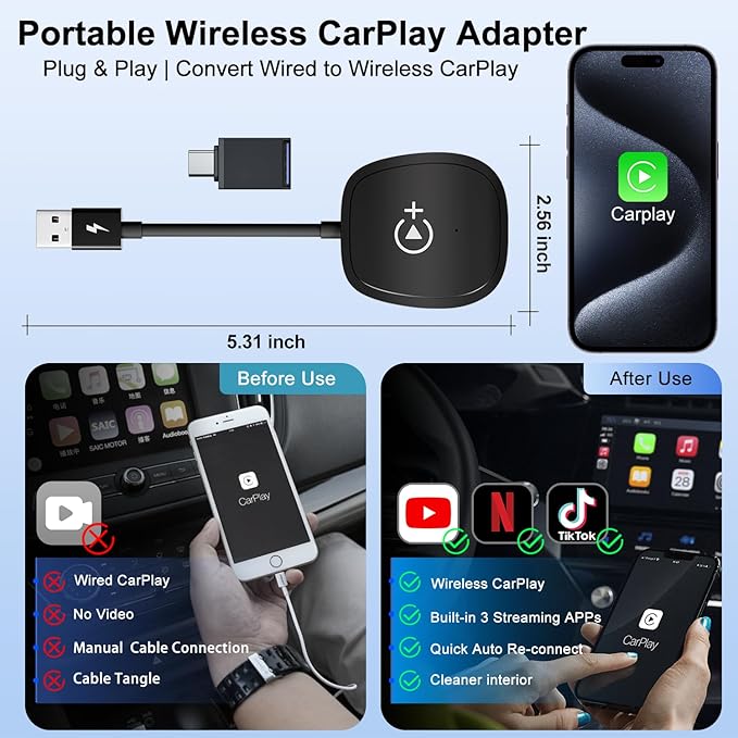 Wireless CarPlay Adapter, CarPlay Wireless Adapter Supports Netflix, YouTube, and Tiktok Stream Media Play, for OEM Wired CarPlay to Wireless Dongle, Fits for Cars from 2016 & iOS 10+ Phone