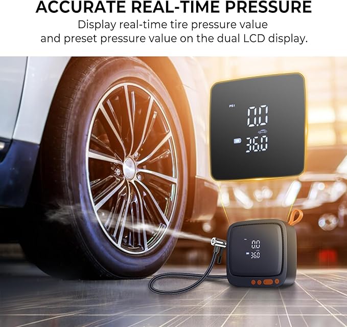 AP22 Tire Inflator Portable Air Compressor, 150 PSI Faster Inflation Cordless Air Pump, Dual Power & Digital LCD Display, Auto Shut-Off, Tire Inflator for Car, Bicycle, Motorcycle, Ball