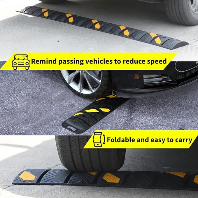 76"x10"x 2" Portable Rubber Speed Bump Reflective Yellow-Black,Quick to fold, Unfold, and Secure for Road use. Suitable for Asphalt Cement Gravel Roads Parking Lots garages Schools and Other Areas.
