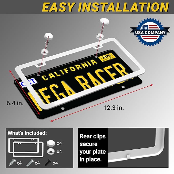 Premium Slim White License Plate Frames – 2 Pack, Rust-Free Stainless Steel, Street Legal & Rattle-Free, Universal Fit with Screw Covers, Sleek Thin Metal Front & Rear Car Tag Holders for Men & Women