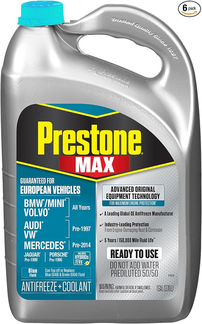 Prestone AF6110 MAX European Vehicles (Blue) Anti-Freeze and Coolant, 1 Gallon, Pack of 6