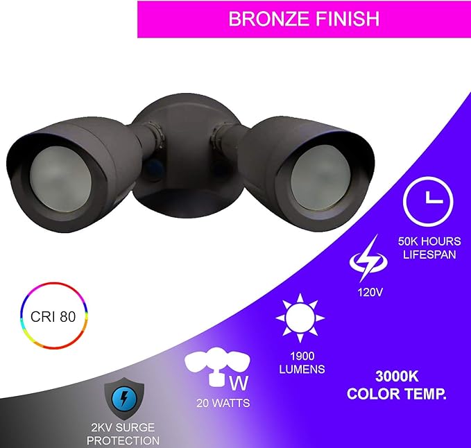 Ciata Flood Lights Outdoor, 20-Watt LED Bullet Head Security Flood Lights, Dual Head, RoHS and FCC Complaint, IP65 Rated, 1900 Lumens, 2KV Surge Protection, Die-Cast Aluminum in Bronze Finish – 4000K