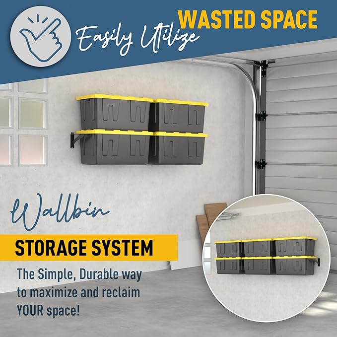 Koova Wall Mounted Tote Rack Storage System, Fits 27-Gallon Black and Yellow Commander Style Bins, Wall Mount Bracket Shelves for Garage Organization, Heavy Duty Steel, Made in USA (3-Piece Set)