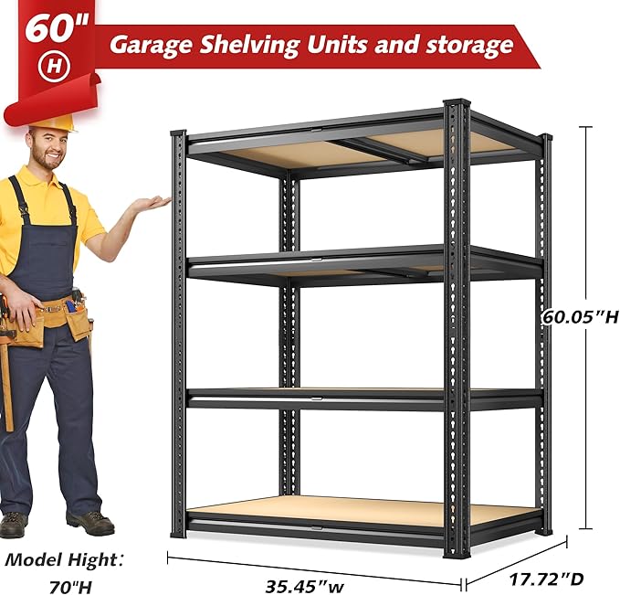 REIBII 60.05" H Storage Shelves 1840LBS Garage Shelving Heavy Duty Shelving 4 Tier Garage Shelves Adjustable Metal Shelf for Kitchen Basement Pantry Warehouse 35.45" W x 17.72" D x 60.05" H