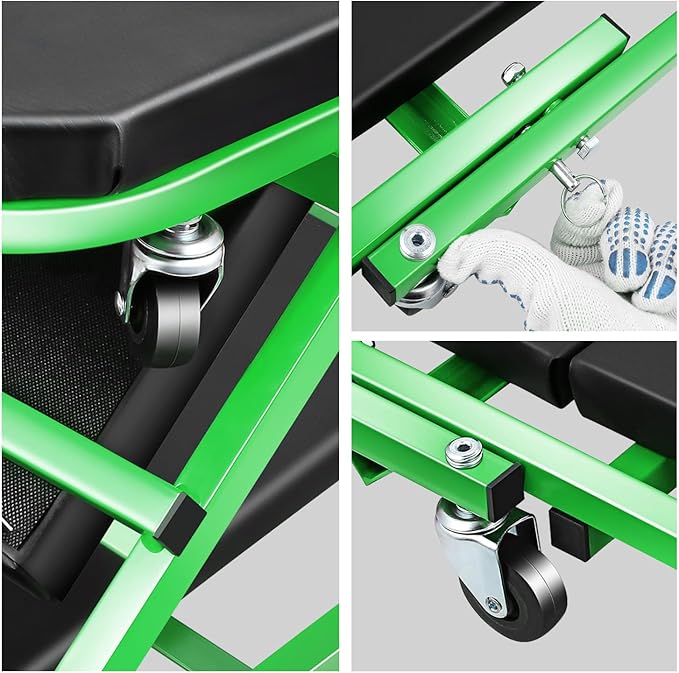 DNA MOTORING 40 Inches Folding 2 in 1 Rolling Z Creeper, Adjustable Roller Garage Chair Lay Down or Sit, 6 Pcs 2" Casters, 150kg Weight Capacity, Green, TOOLS-00187-GR