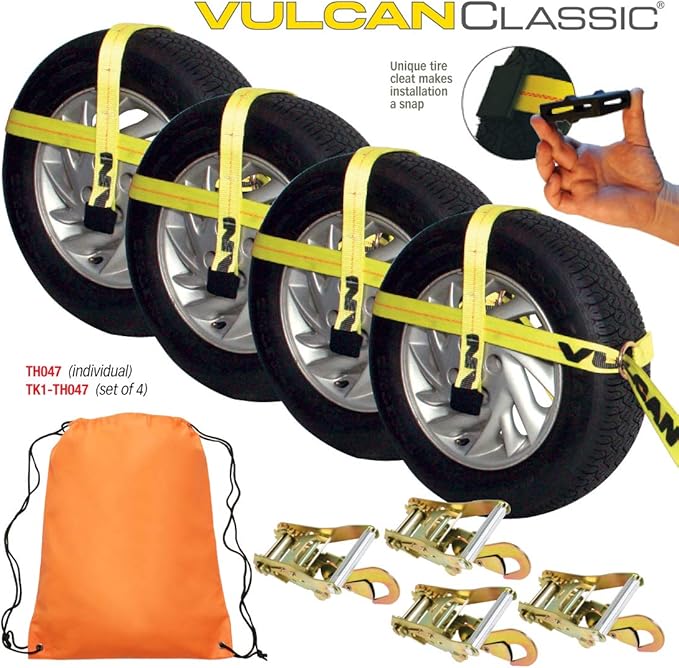 VULCAN Car Tie Down Kit - Adjustable Loop - Snap Hooks - Classic Yellow - Complete Kit Includes 4 Straps and 4 Ratchets