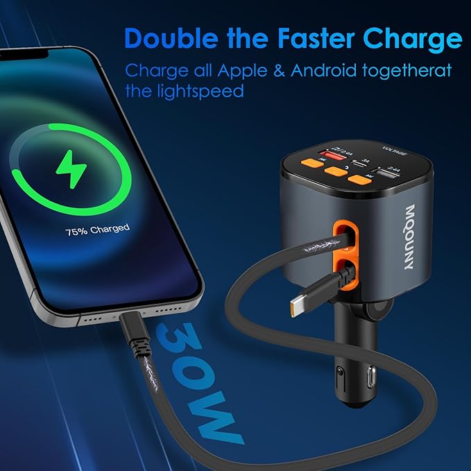 Retractable Car Charger,5 in 1 Fast Car Phone Charger 90W,Bluetooth 5.3 FM Transmitter Adapter,Handsfree Call,2 Retractable USB-C Cables and USB Cars Chargers for iPhone 16/15/14/13/12/11,Galaxy,Pixel