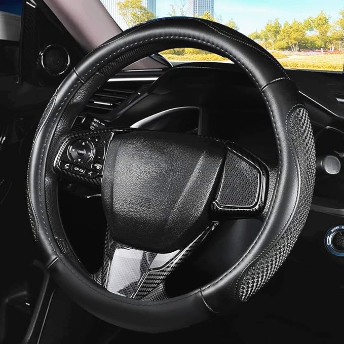 Leather Car Steering Wheel Cover 15 inch Universal Fit Microfiber Steering Wheel Cover Anti-Slip, Soft, Breathable, Full Surround Car Wheel Cover