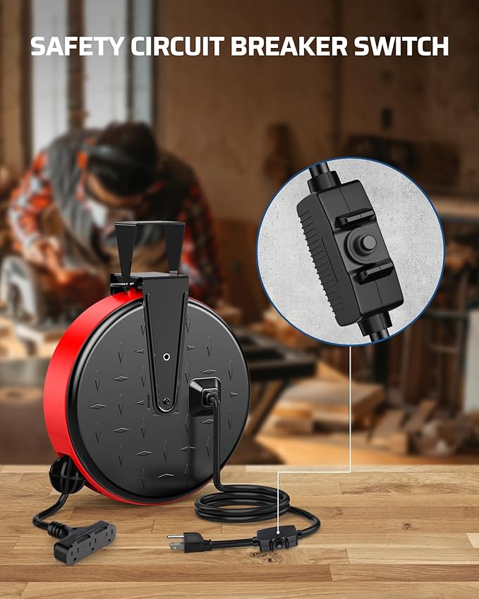 DEWENWILS 30 Ft Retractable Extension Cord Reel, Ceiling or Wall Mount 16/3 Gauge SJTW Power Cord with 3 Electrical Outlets Pigtail for Garage and Shop, 10 Amp Circuit Breaker, Metal Plate, UL Listed