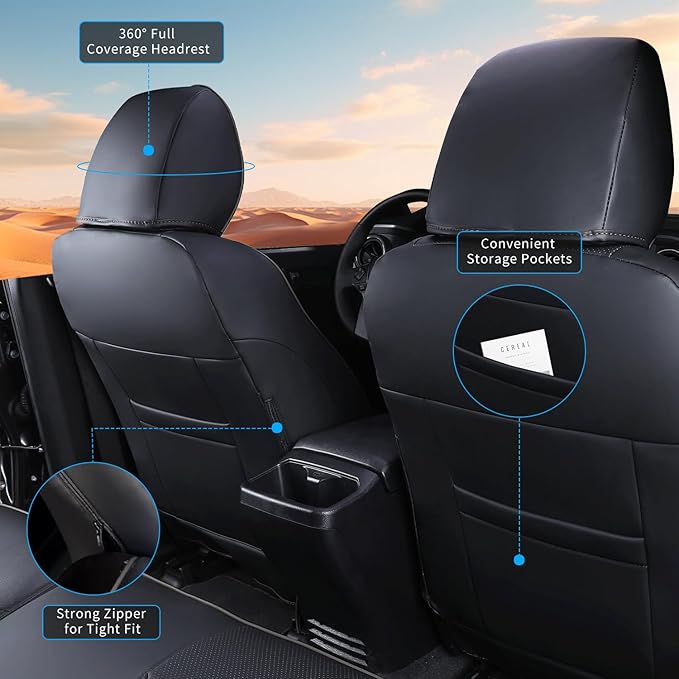 Car Seat Covers Full Set for Toyota Tacoma Double & Crew Cab 2023 2022 2021 2020 2019 2018 2017 2016 Tacoma Interior Accessories Premium Faux Leather Breathable Waterproof (Pure Black)