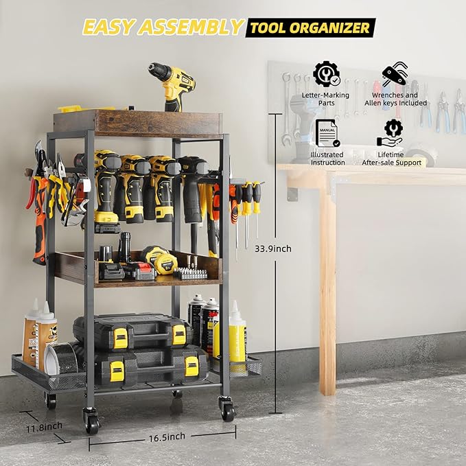 Power Tool Organizer Garage Storage Organization Shelving Tool Holder Drill Rack Shelf Rolling Cart Open Tool Chest Cabinet Box Organizer with Wheels Workshop Garage Gift Ideas for Men Dad