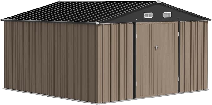 JUMMICO 10 x 10 FT Outdoor Storage Shed, Large Metal Garden Shed & Tool Sheds for Backyard Garden Patio Lawn (Brown)