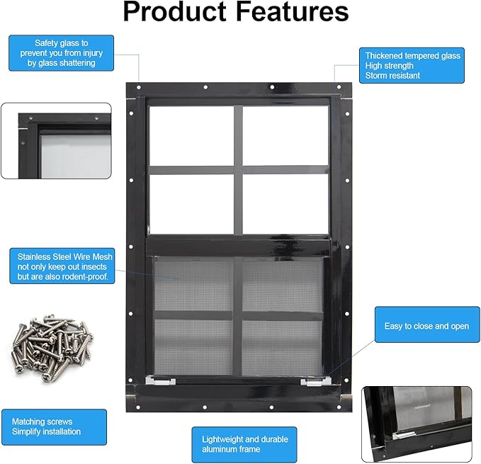 NeatiEase Upgraded Shed Windows 2 Pack, 18" x 27" Windows with Tempered Glass and Stainless Steel Screen for Shed, Chicken Coop, Playhouse, Household, Garage(Black)