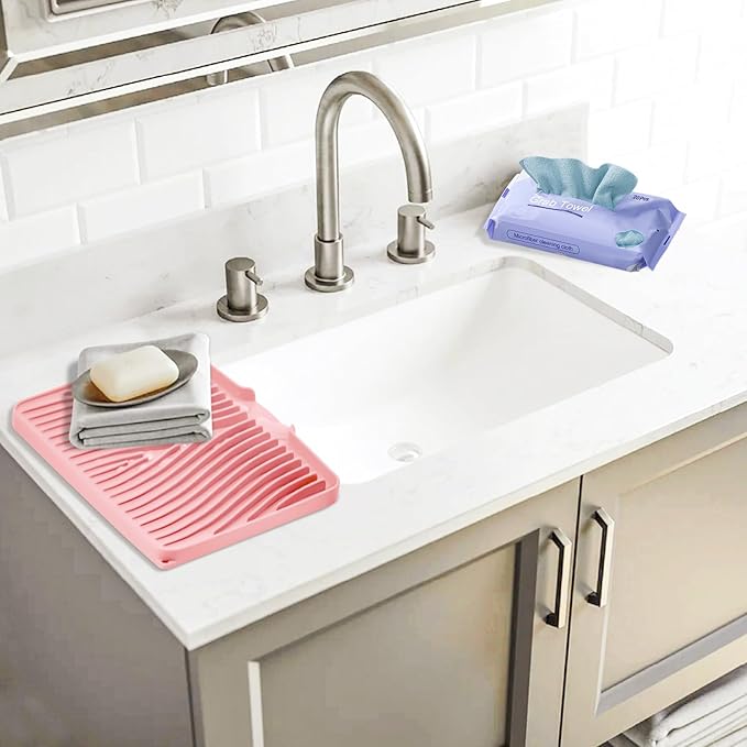 Silicone Dish Drying Mat, Stone Drying Mat for Kitchen Counter with Built-in Drain, Non-Slip 15.8" X 13" Drying Matt Kitchen Counter and Grey Microfiber Cleaning Cloth, Cleaning Rags Set(Pink)