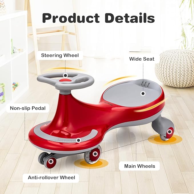 HONEY JOY Wiggle Car, 2 in 1 Swing Car for Kids, LED PU Flashing Wheels, No Batteries, Music, Gears or Pedals, Uses Twist, Turn, Ride On Toy for Toddlers Boys Girls 3 Years and Up (Red)