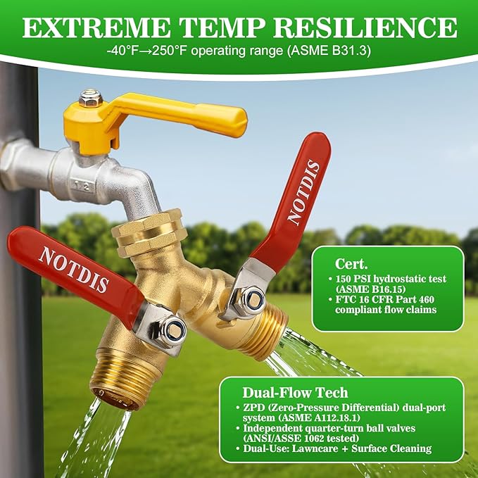 Hose Splitter 2 Way Heavy Duty Brass Garden Hose Splitter with 304 Stainless Steel Long Handle Outdoor Full Flow Hose Splitter Connector,Y Valve 3/4 Inch GHT Thread