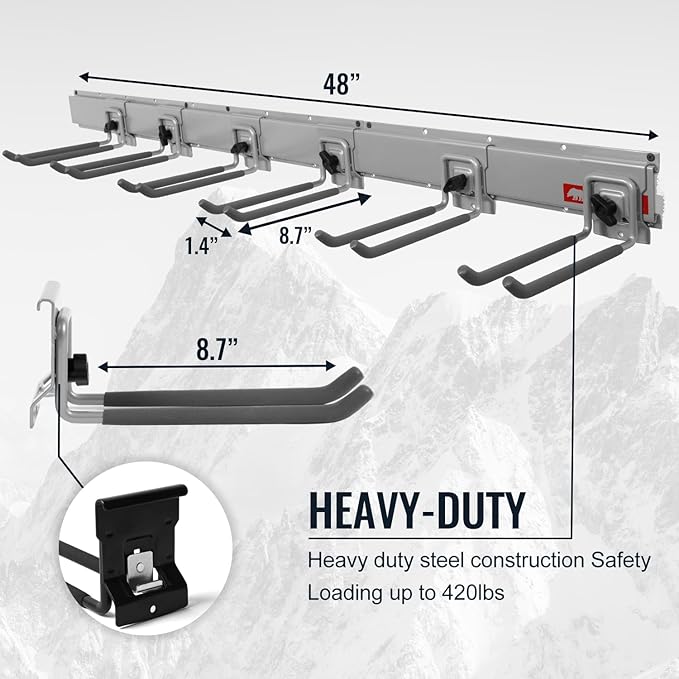 Clamping Garden Tool Organizer, Garage Organization Wall Mount Tool Holder, Heavy Duty Garage Storage Tool Rack, Shovel Hangers Yard Tool Hook, Hold Up to 420lbs (48Inch Grey)