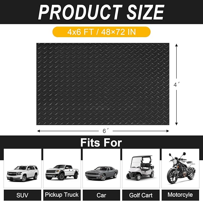 4x6 FT Garage Floor Mat, 2.8mm Thickened Flooring Roll Diamond Plate PVC Rubber Trailer Mat, Non-Slip Floor Mat for Garage, Warehouse, Gyms, Boats, Pickup Truck, Black