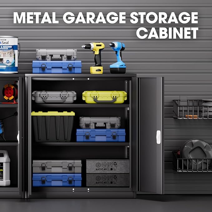 DNA MOTORING Metal Storage Cabinet, 36'' Locking Cabinet with 2 Doors and 2 Adjustable Shelves, Metal Cabinet Heavy Duty Utility Cabinet for Garage,Office,Home,Gym, Black, TOOLS-00631-BK-BK