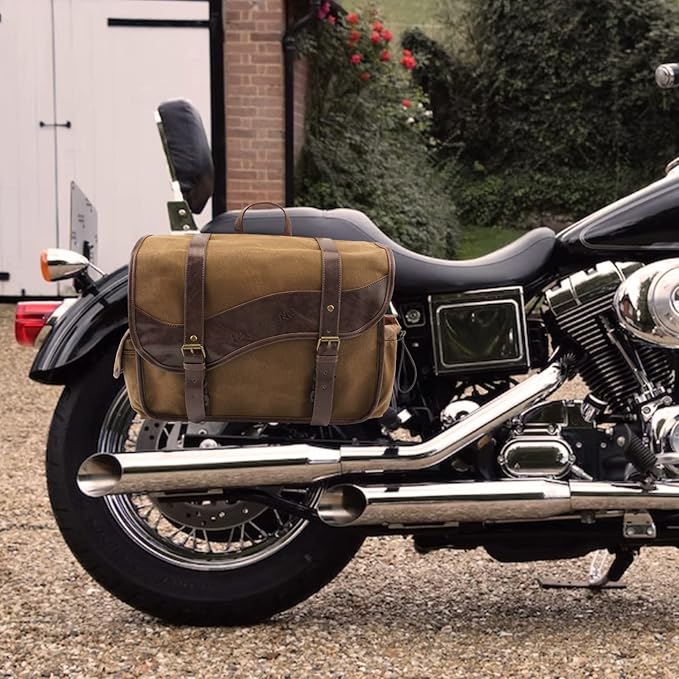 NICECNC Motorcycle Saddle Bags, Vintage Oil Waxed Canvas Motorcycle Saddlebags, Motorcycle Panniers Side Throw Over Saddle Bags Compatible with Harley Honda Suzuki Yamaha Adventure Street Glide Brown