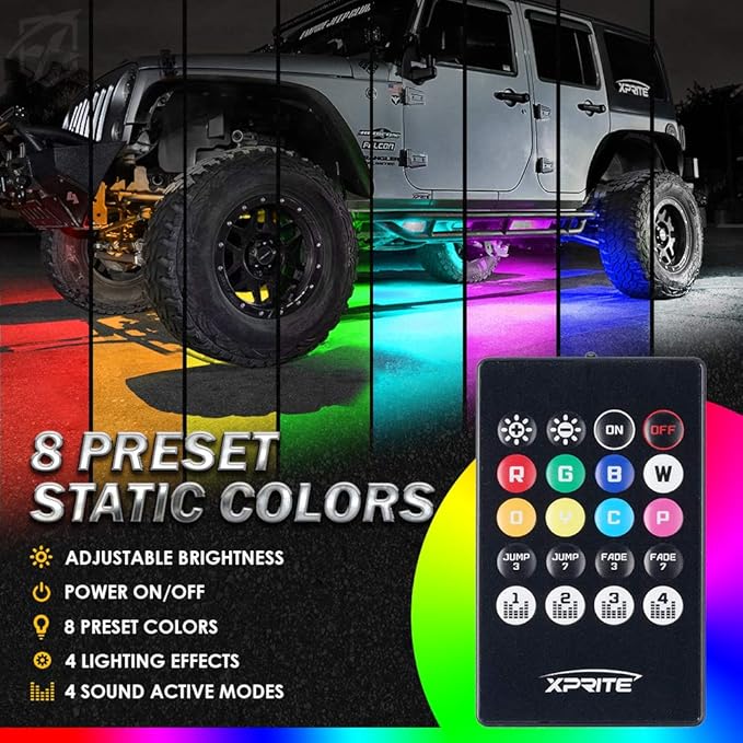 Xprite 4Pcs Underglow LED Lights for Cars, 8 Color RGB 252 LEDs Sound Active Function Music Mode Underglow Kit, Bluetooth APP & Remote Control, Waterproof Underbody Neon Strip Light for Car SUV Truck