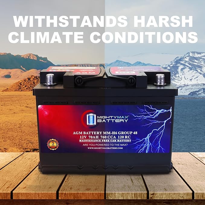 Mighty Max Battery MM-H6 Start and Stop Car BCI Group Size 48 12V 70 AH, 120RC, 760 CCA Rechargeable AGM Car Battery