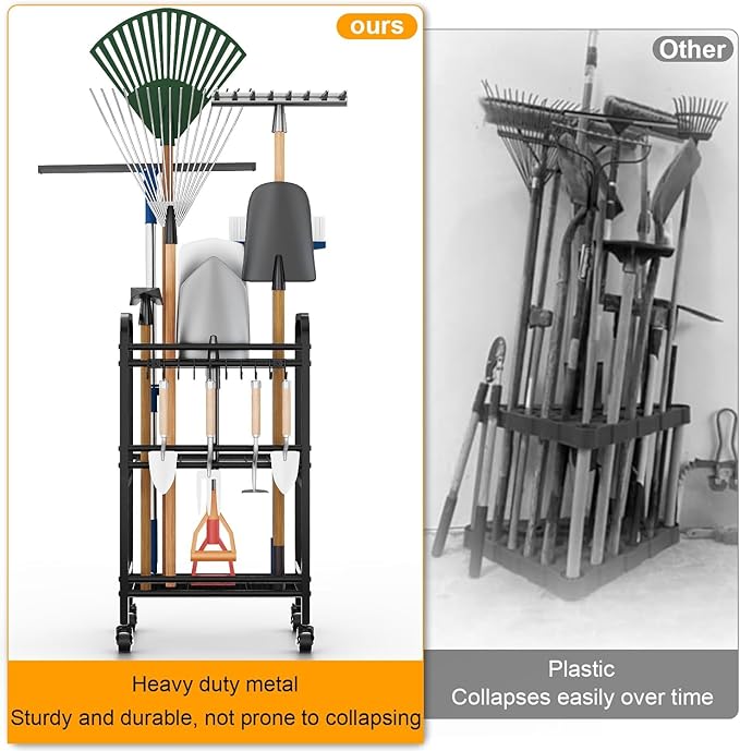 FZK Garden Tool Organizer,Garage Storage,Garden Tool Organizer for Garage,Yard Tool Organizer for Garage,Wheeled Garden Tool Rack,Up to 40 Long-Handled Garden Tool Storage,Garage Tool Organizer