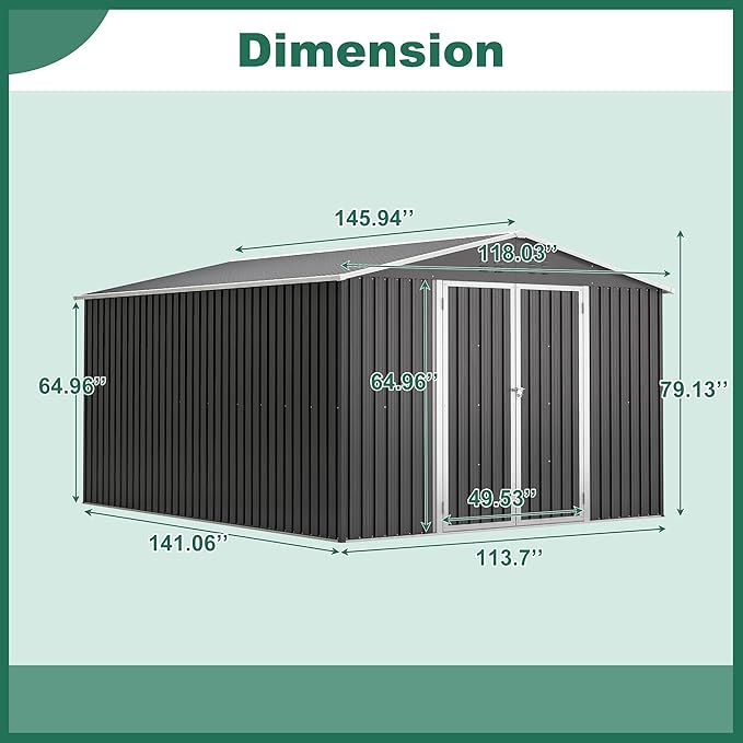 Outdoor Storage Shed 10x12 FT, Utility Metal Tool Storage with Lockable Doors and Updated Frame Structure, Large Metal Garden Shed for Backyard, Patio Lawn, Black