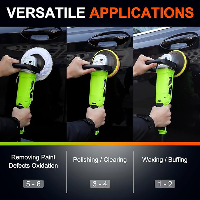 COMOWARE 1300W Professional Car Buffer Polisher - 6-Speed Adj. (600-4000 RPM) with 7"/6" Backing Plates, Auto Detailing Tool for Sanding/Waxing/Polishing by Professionals