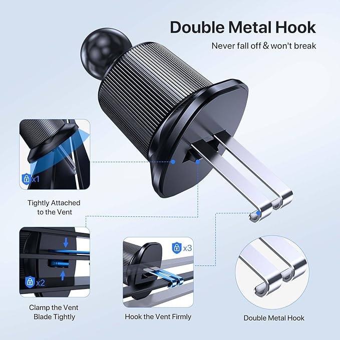Miracase Phone Holders for Your Car with Upgraded Double Metal Hook Clip, Air Vent Cell Phone Car Mount, Universal Automobile Cradle Fit for iPhone Android and All Smartphones, Light Black