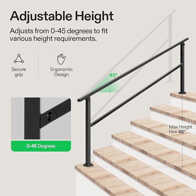VIVOSUN Outdoor Handrail, 6-7 Step Stair Handrail, 83" x 36" Fits 1 to 7 Steps, Wrought Mattle Iron Handrail for Concrete Steps, Porch Steps, Black, HR-0004