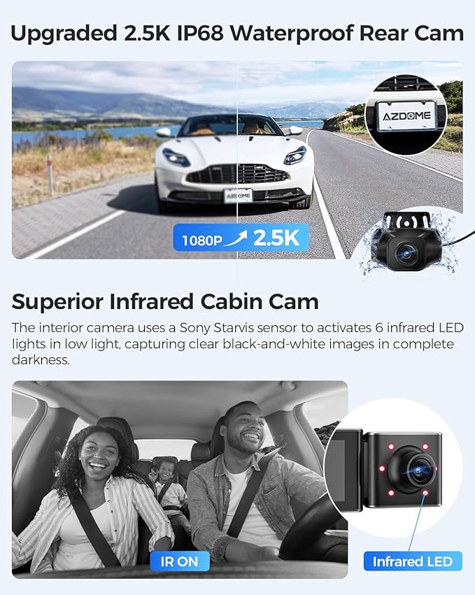 AZDOME M550 3 Channel Dash Cam, 4K+2.5K Dual Dash Camera for Cars Built-in WiFi GPS, 1440P+1080P+1440P Front and Rear Inside, 64GB Card Included, 3.19" IPS Screen, WDR, IR Night Vision, Parking Mode