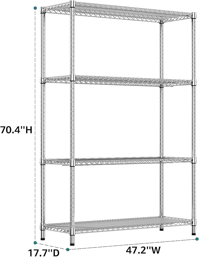 IZEUK 2640 LBS Garage Shelving Wide Storage Shelves 4 Tier Metal Shelves Heavy Duty Adjustable Utility Shelf Rack Chrome 17.7" D x 59.1" W x 70.4" H