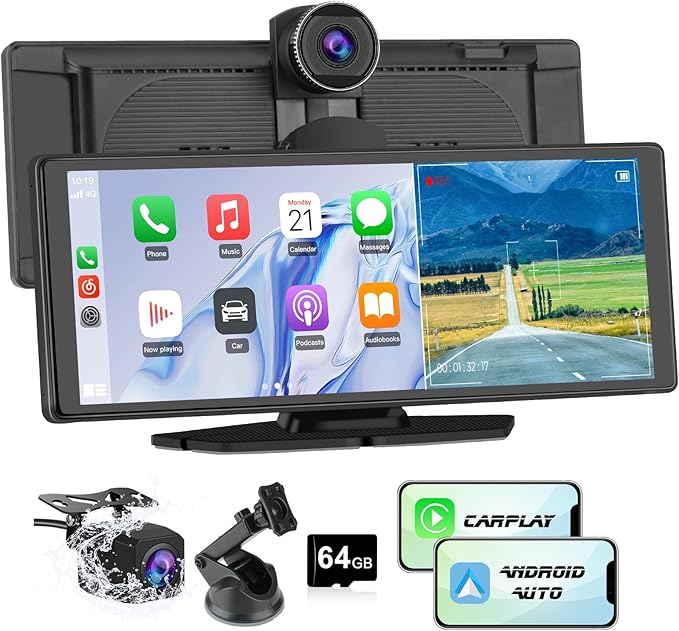 Portable Wireless CarPlay Screen for Car with 4K Dash Cam and 1080P Backup Camera, Car Stereo with 10.26”IPS Touch Screen, Support Carplay/Android Auto/GPS/Bluetooth/Mirror Link/AirPlay