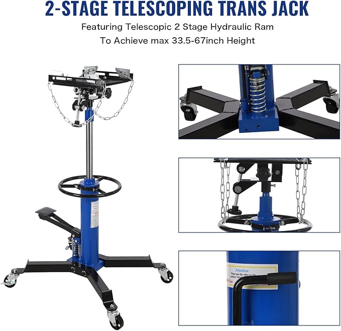 Hydraulic Transmission Jack 1100 LBS Capacity 33.8"-72.8" Lifting Height 2 Stage Hydraulic Telescoping Jack, Trans Jack Stand Heavy Duty with Foot Pedal and 360° Swivel Wheel, Blue