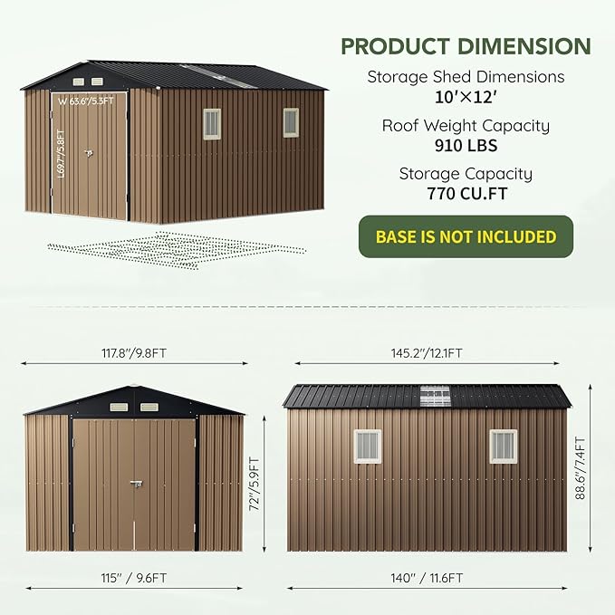 10x12 FT Outdoor Metal Storage Shed, Double Swing Doors, 2 Clear Windows, Replaceable Skylight Roof Panel, Tool Shed for Garden, Patio, Backyard Brown