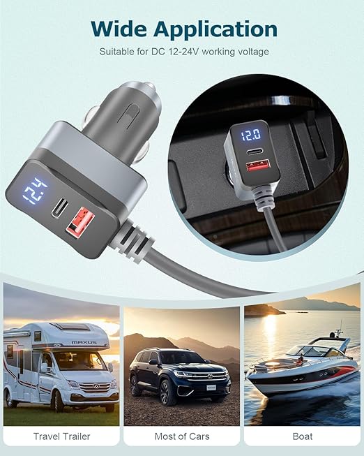 3 in 1 Starlink Mini Cable 12V Adapter 10FT Car Charger for Starlink Mini Power Cable Cigarette Lighter Adapter DC 12V-24V with Digital Display, Durable USB C PD 36W and USB A 18W Port Gray 18AWG 3M