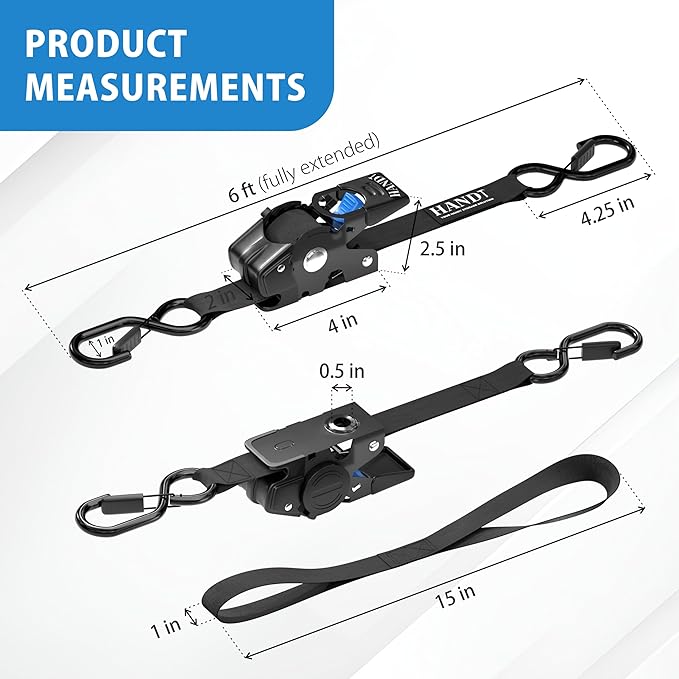 HandT USA Based Retractable Ratchet Straps (2PK) 1in x 6ft - 1,500lb Break Strength, Heavy Duty Automatic Ratchet Straps Self Retractable Tie Down, Push Button Retracting Truck Trailer Cargo | Black