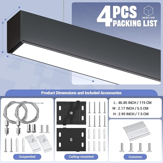 4FT LED Linear Lights 50/45/40/35/30W Up and Down Light, 3000/4000/5000K 4 Feet Commercial Shop Lighting for Office Garage Basement Shop Dining Room bar, Dimmable 4’ Architectural Fixture-4Pack