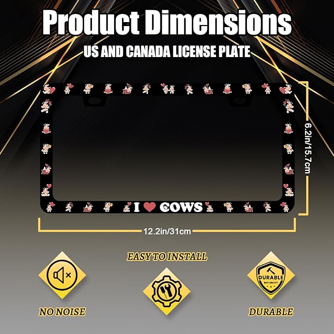 Cow License Plate Frame Cute I Love Cows License Plate Holder for Personalized Colorful Animal Car Decorative Stainless Steel Funny License Plate Cows Auto Part with Screws 12.2" x6.2"