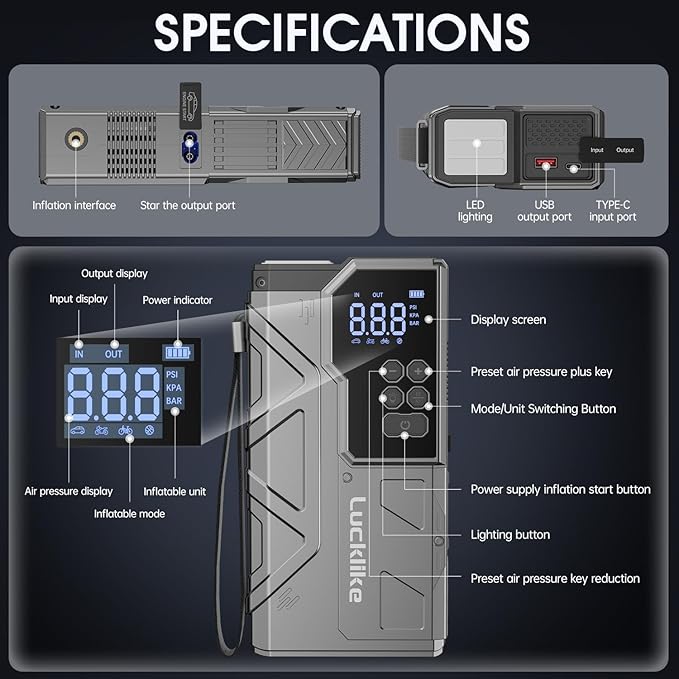 【New】 Lucklike Jump Starter with Air Compressor, 4000A Portable Car Battery Jumper Starter Pack for 10L Gas and 8L Diesel, Tire Inflator with Presssure Detection, 12V Jump Box with 3 Modes Flashlight