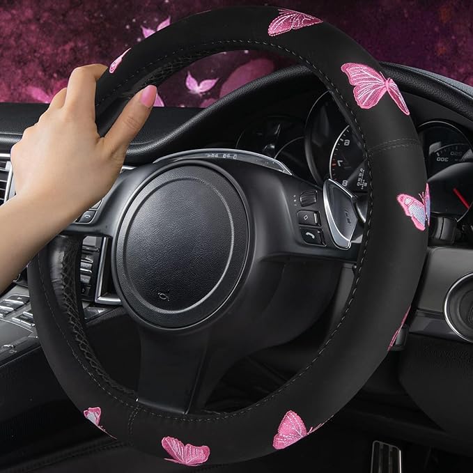 CAR PASS Pink Leather & Gaberdine Butterfly Car Seat Covers Full Set with Waterproof Car Floor Mats and Embroidered Butterflies Steering Wheel Cover for Interior Sets ((Black & Pink)