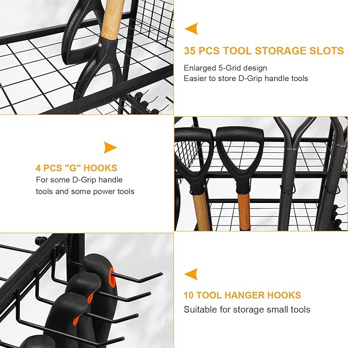 FZK Garden Tool Organizer,Heavy Duty Steel Yard Tool Organizer for Garage,Up to 49 Long-Handled Tools, Garden Tool Storage with Wheels,Garden Tool Organizer for Garage,Black
