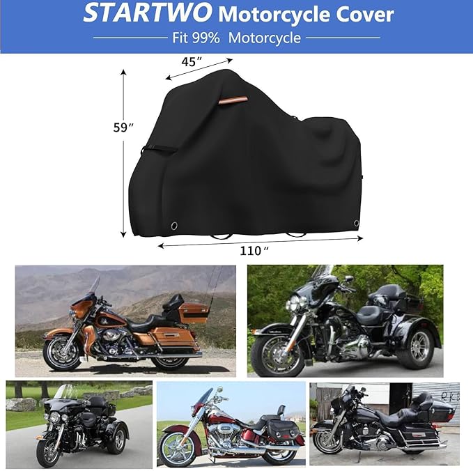 STARTWO Motorcycle Covers Waterproof Outdoor Storage for Harley Davidson Touring Models with Side+Top Box Ultra Limited,Road Glide Limited, Gold Wing,Road Master 110"x45"x59" Black