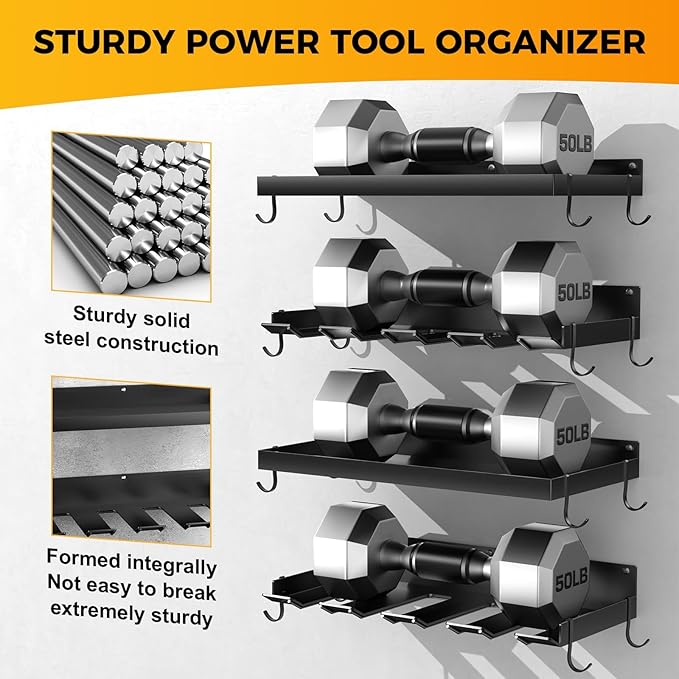 Power Tool Organizer Wall Mount with 8 Drill Holder, Formed Integrally Heavy Duty Garage Tool Organizers and Storage with Hooks for Battery, Tool Box, Screwdriver, Plier and Hammers No Crack