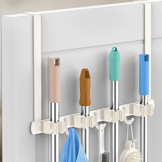Broom Holder Over The Door - 304 Stainless Steel Mop and Broom Holder Wall Mounted or Hanging Over The Door with Hooks - Broom Hanger - white, Broom Storage Tool Organizer for Closet Laundry